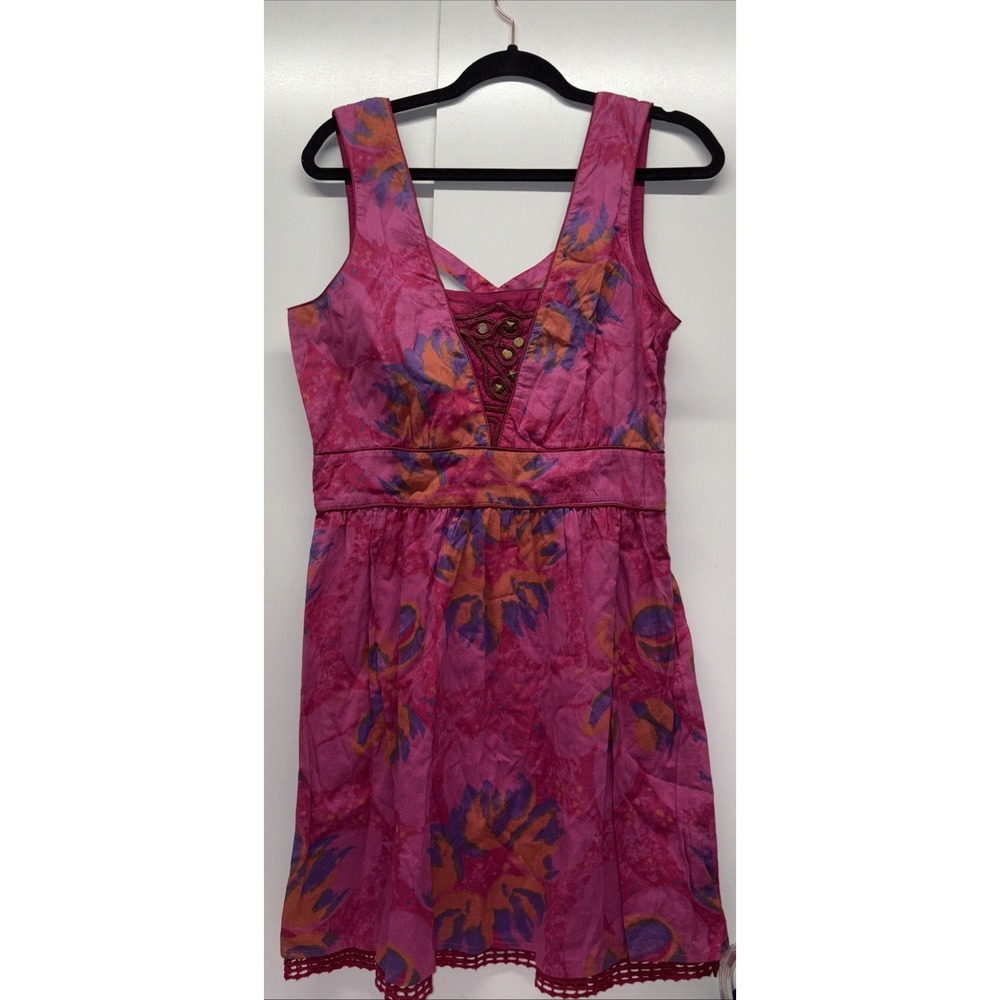 Free People Vintage Inspired Cotton Dress‎ Floral Boho Indian Lace Trim Sz 10